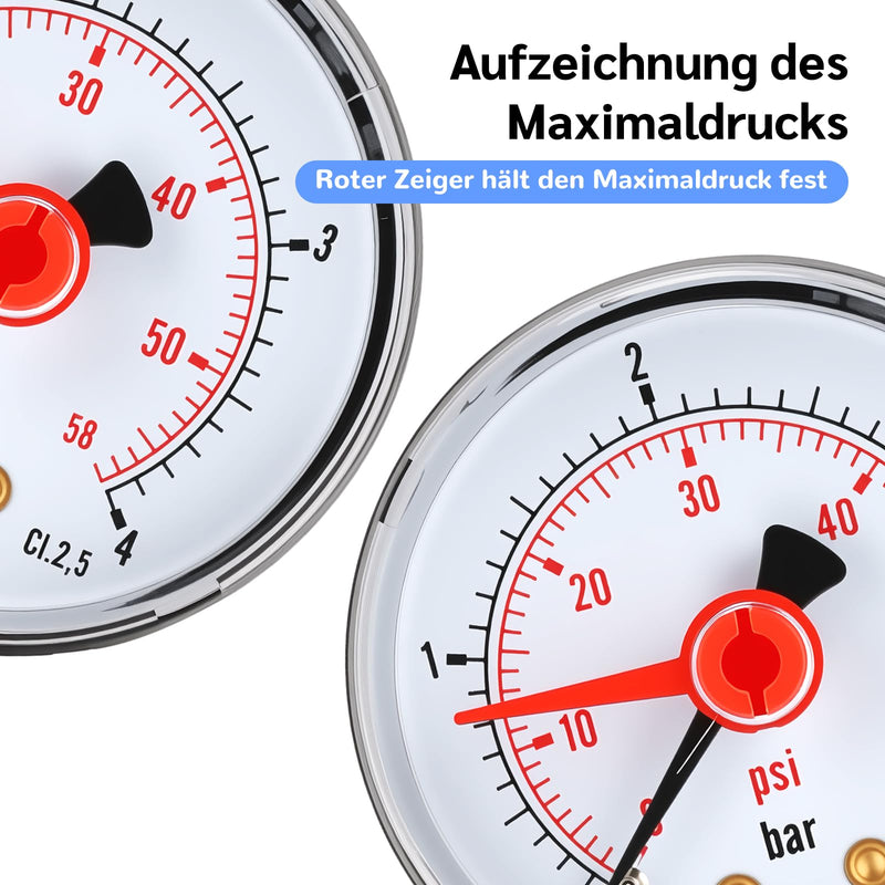 Pressure gauge, 0-4bar, G1/4, 2 inch dial, 2.5% accuracy, back connection ABS black plastic housing, with red hand