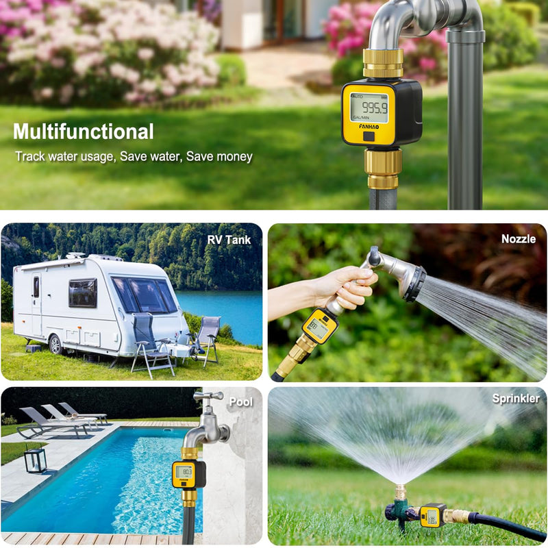 FANHAO Water Flow Meter with Brass Inlet Metal Thread, Measure Gallon/Liter Consumption and Flow Rate, High Accuracy & IPX6 Waterproof for Outdoor Garden Hose Watering, RV Water Tank Filling 1 Pack