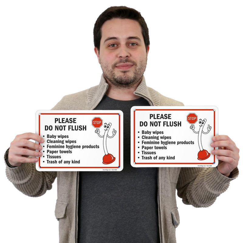 [Australia - AusPower] - SmartSign 2-Pack 'Please Do Not Flush Wipes/Feminine Hygiene Products/Paper Towels/Tissues/Trash' Bathroom Sign with Funny STOP Symbol - 7" x 10", 55 mil HDPE Plastic, Red/Black/White, USA-Made 7" x 10" - Plastic (Pack of 2) 