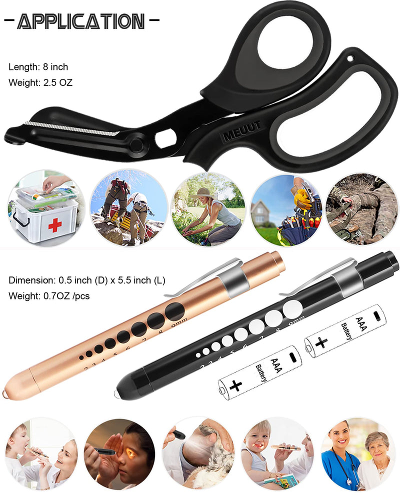 [Australia - AusPower] - MEUUT 3 Pack Medical Scissors and penlights for Nurses with Four Batteries-One 8" Patented Trauma Scissor Bandage Scissor Two LED Pen lights for Nurse Doctor EMT First Aid Black Scissor+black&gold Penlight 