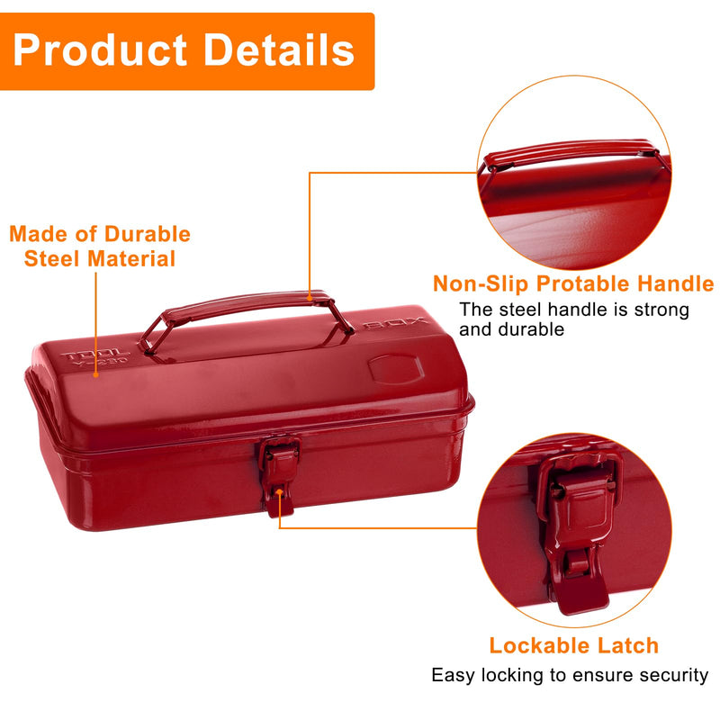 HARFINGTON Tool Box 11.4" Portable Steel Tool Box Hip Roof Style with Metal Latch Closure Tool Chest for Household Workshop Car, Red 11.4 inch