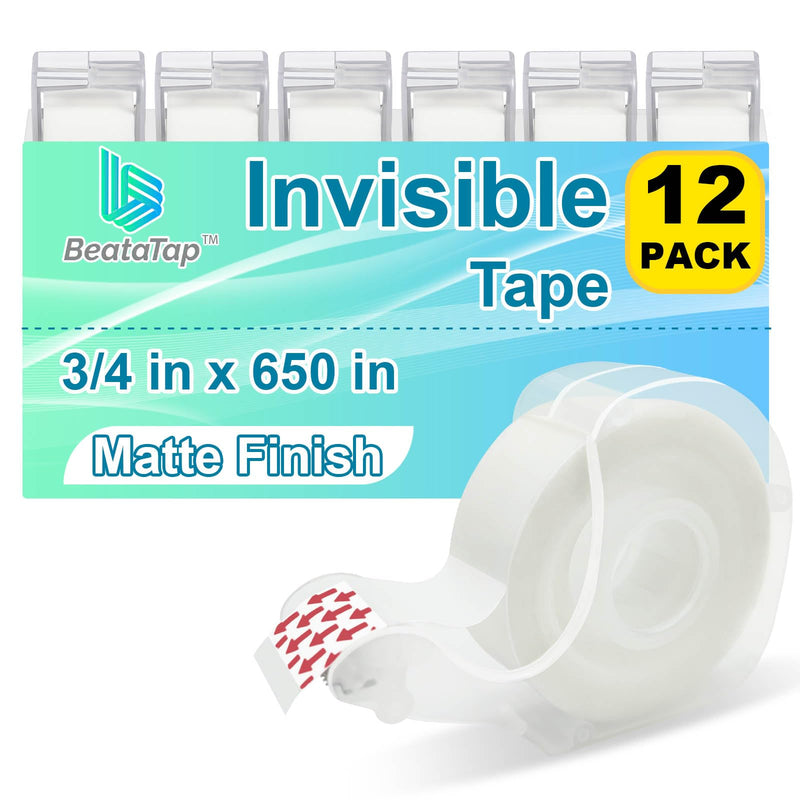 Tape Bulk, Clear Tape, Invisible, Matte Finish, Writable, 3/4 in x 650 in, Transparent Tape, 12 Rolls with Dispensers, Ideal for Gift Wrapping, School Supplies & Office Use 3/4″ (12 Pack)