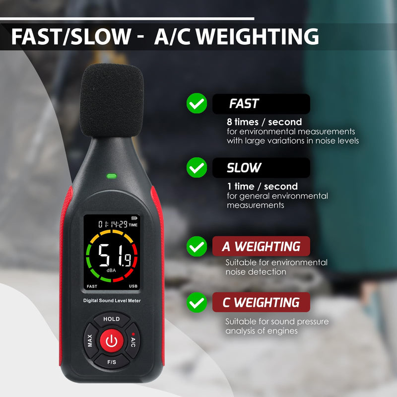 [Australia - AusPower] - Decibel Meter, Data Logger, Portable Sound Decibel Meter, Sound Level Meter with 31,000 Data Recording and Export, Rechargeable Noise Meter with A/C Frequency, DC Output, 3 