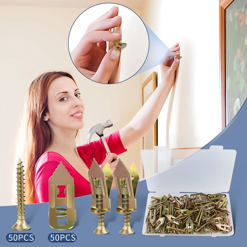 [Australia - AusPower] - 100Pack Self Drilling Drywall Anchors with Screws, Suitable for Tv, Cabinets, Shelves, Shelf Straps, Bicycles, Curtains, No Need to Drill Holes in The Wall(50 Metal Drywall Anchors and 50 Zinc Screw) 100Pack 1.1inch 