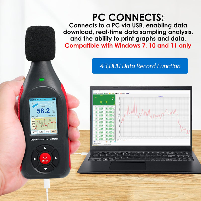 [Australia - AusPower] - Decibel Meter, Data Logger, Digital Sound Decibel Meter, Sound Level Meter with 43,000 Records and Export, Rechargeable Noise Meter with A/C Frequency and DC Output with Alarm 