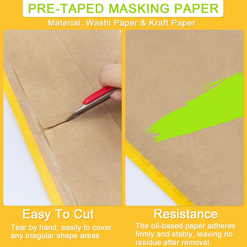 Pre-Taped Masking Paper for Painting,12" x50Feet Adhesive-Backed Tape and Drape Painters Paper Roll,Protective Covering for Car Painting,Auto Detailing,Skirting&Trim Surface Protection Orange 2