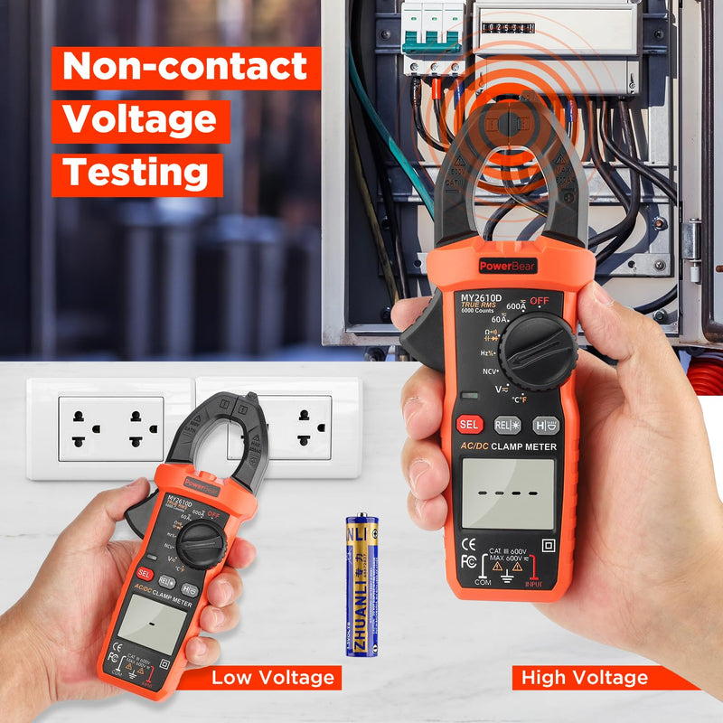 [Australia - AusPower] - PowerBear Digital Clamp Meter Multimeter 6000 Counts for AC/DC Current & Voltage, Auto-ranging Amp Tester, Measures Resistance, Capacitance, Continuity, TRMS, Temperature, NCV Detection 