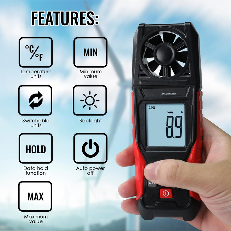 [Australia - AusPower] - Digital Anemometer Handheld Wind Speed Meter – Measures Wind Speed in m/s, km/h, ft/min, mph, Knots & Air Temperature – Max/Min, Data Hold, Backlit Display – for HVAC, Sailing, Weather, Drone Flying 