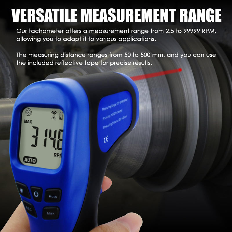 Laser Photo Tachometer Motor Speed Gauge Tester Non-Contact RPM Meter Motor Speed Gauge Gun - Accurate RPM Measurement with Rotational Record (Tachometer + 10 Reflective Tape) Tachometer + Reflective Tape