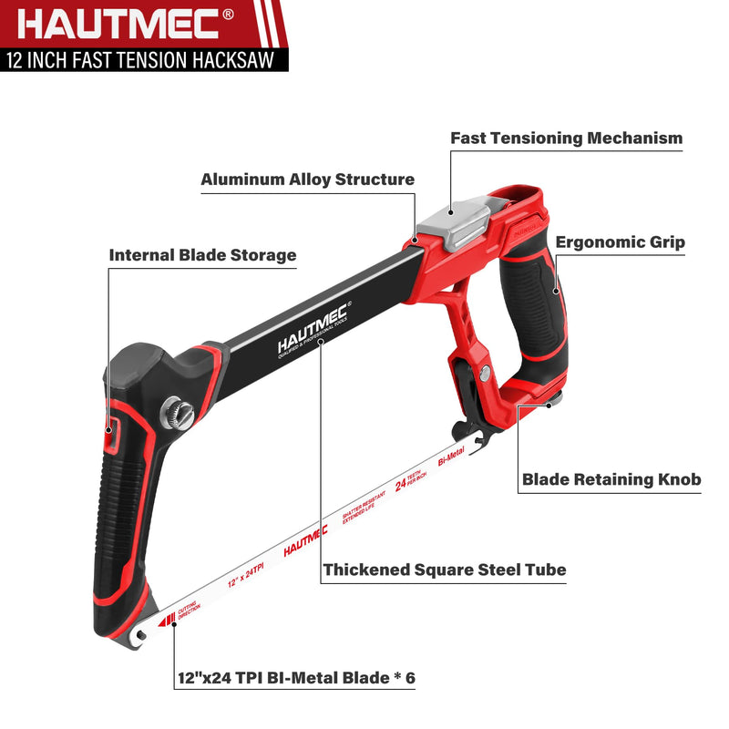 HAUTMEC 12" Fast High-Tension Hacksaw, Expert Metal Saw with 6 Bi-Metal Blades, Heavyweight Aluminum Frame, Ergonomic Non-Slip Handle, Blade Storage & Dual Cutting Angles (HTHSH25034) Expert Hacksaw