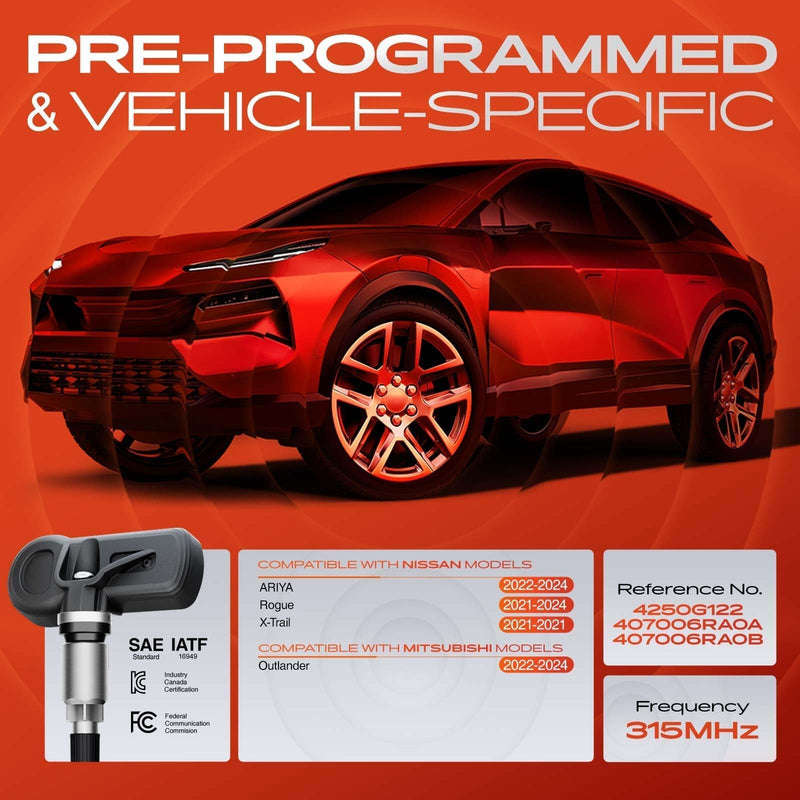 A-Premium 4PCS Pre-Programmed TPMS Sensor Tire Pressure Monitoring Sensor - Compatible with Nissan Rogue 2021-2024, Ariya 2022-2024, X-Trail 2021 & Mitsubishi Outlander 2022-2024 - 315MHz