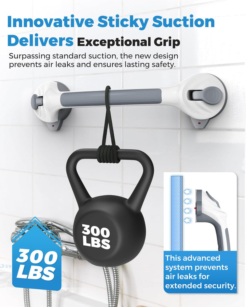 2 Pack 16.5" Suction Grab Bars for Showers with Safety Indicator, No-Drill 4mm Thickened Handicap Shower Handle for Seniors, Non-Slip Bathroom Balance Rail for Smooth Tiles & Tubs Gray White