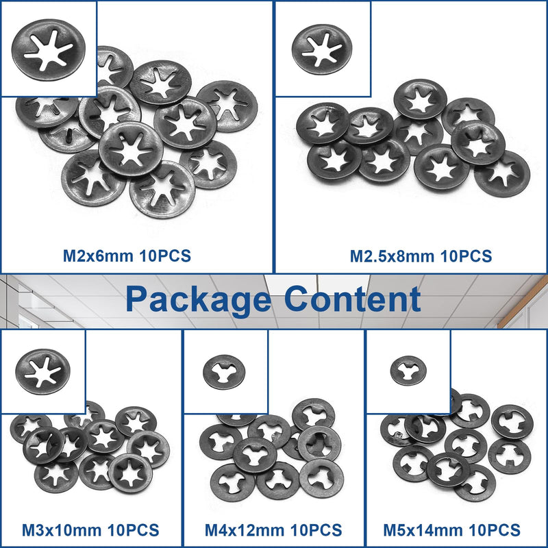 [Australia - AusPower] - 50 Pcs Internal Tooth Washers, 5 Sizes Star Locking Washers Steel Quick Locking Washers Push On Speed Clips Fasteners Kit(M2/M2.5/M3/M4/M5) 5 Sizes B 50 