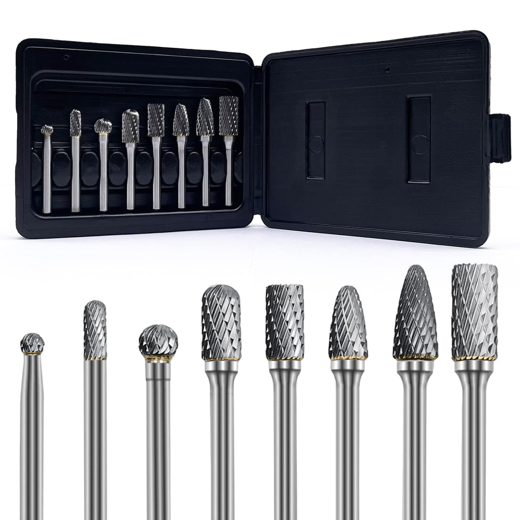 Carbide Burr Set, 1/4" Shank Die Grinder Bits, Tungsten Rotary Tool Bits Double Cut Rasp Files for Metal Weld Wood Stone Concrete Grinding Deburring Trimming Polishing Cutting, 8-pc in Sturdy Case 1/4" shank 8pcs