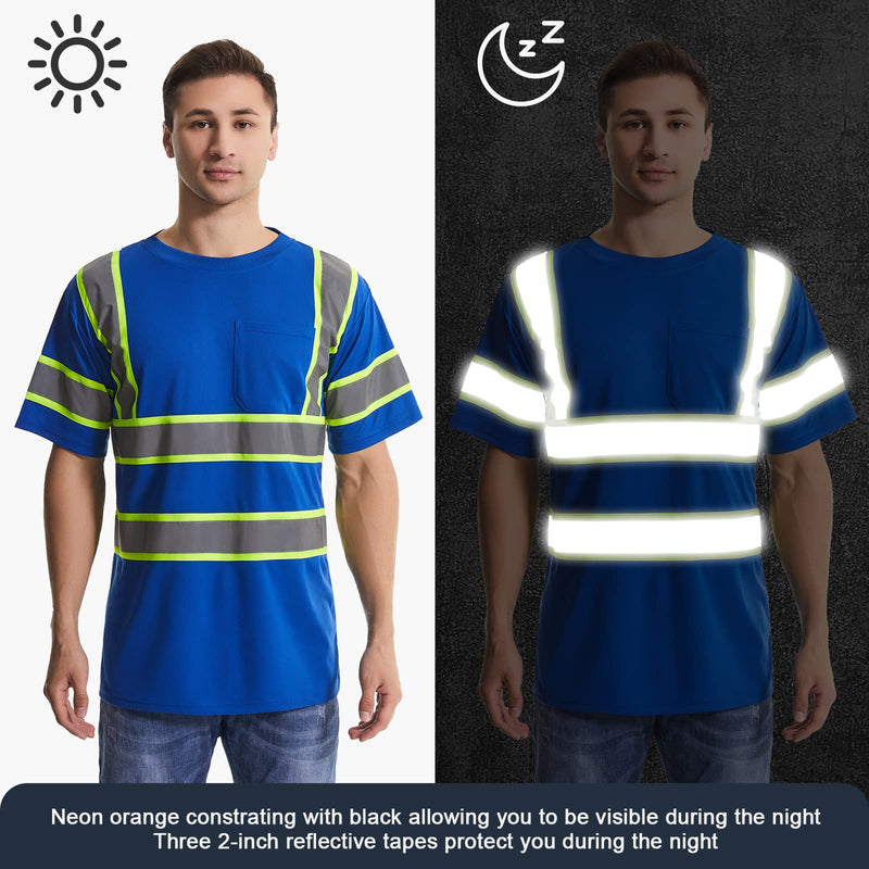 SKSAFETY High Visibility Safety Shirts for Men with Reflective Tapes - Quick Dry Class 2 Hi Vis Construction Work Shirts for Men, Short Sleeve Breathable Birdeyes T-Shirts with Pocket Blue X-Large