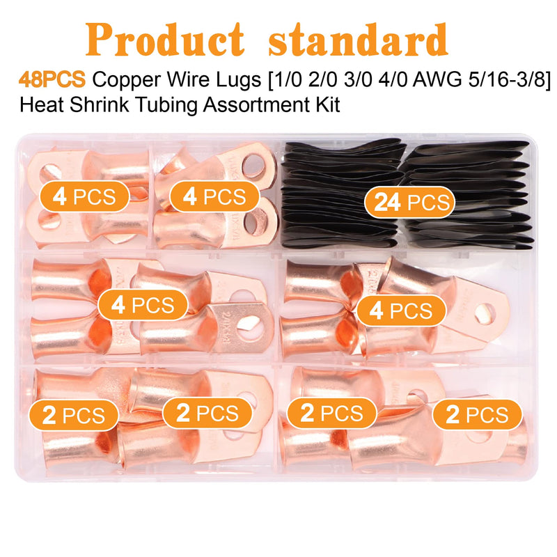 48PCS Battery Terminal Connectors Cable Ends,AWG 1/0 2/0 3/0 4/0 Crimp Copper Wire Ring lugs with Heat Shrink Tubing Assortment Kit AWG1/0 2/0 3/0 4/0