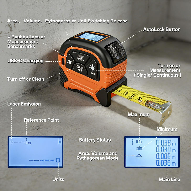 2-in-1 Laser Tape Measure, 197Ft Laser Measuring Tool & 16Ft Measuring Tape with M/in/Ft/Ft+in Units, Magnetic Hook - Pythagorean, Area, Volume, Digital Tape Measure for Woodworking and DIY