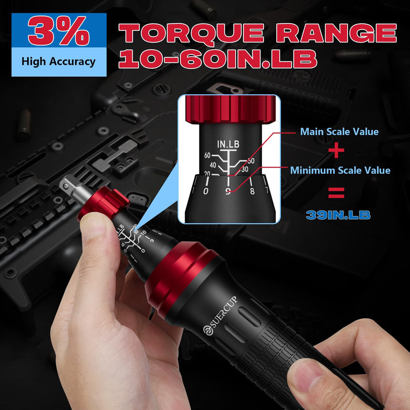 SUERCUP 1/4" Torque Screwdriver (10-60 in-lb), 36 PCS Set for Gunsmithing | Torque Wrench Screwdriver with T-bar, Hex, Torx, and Phillips S2 Bits, for Scope and Bike Mounting, precision instruments