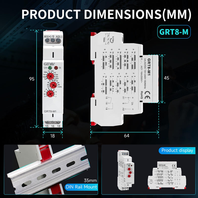 [Australia - AusPower] - Multifunction Time Relay, IGEYAPA 16A Delay ON Off GRT8 M1 AC DC 12-240V with 10 Relay Timer Control Delay Function Mode DIN Rail Electronic Relays of Wide Time Delay Range for 0.1 Seconds to 10 Days GRT8-M1 AC/DC 12V-240V 