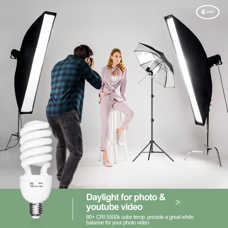EMART Full Spectrum Light Bulb, 4 x 45W 5500K Spiral CFL Daylight for Photography Photo Video Studio, Softbox Lighting Kit, Household Use, Portrait Shooting White(4 Pack) 4 Count(Pack of 1)