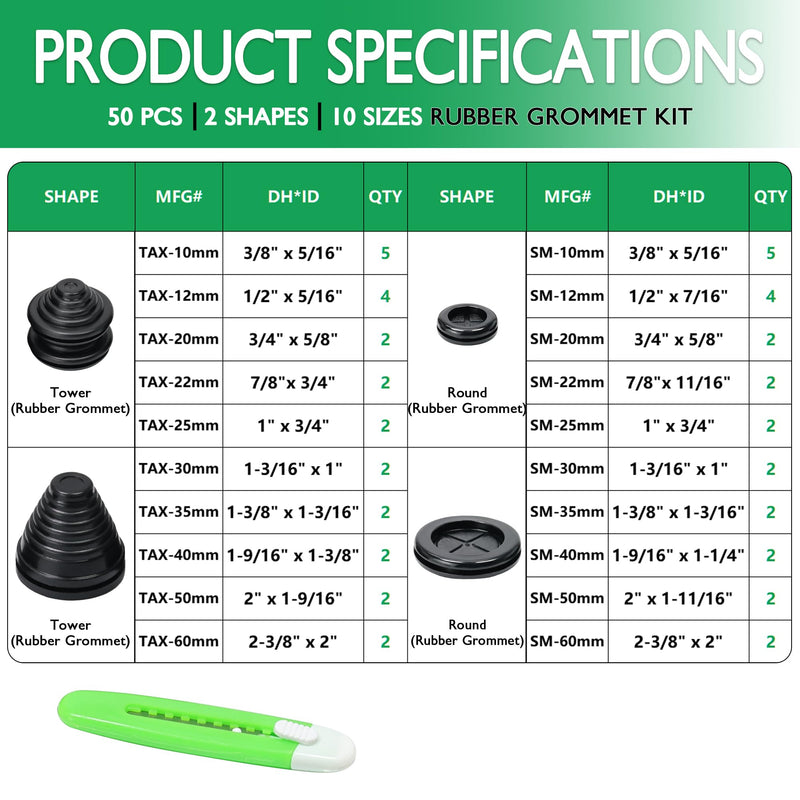 [Australia - AusPower] - 50 Pcs 10 Sizes Rubber Grommet Kit-Tower Shaped and Round Rubber Hole Plug, Firewall Automotive Wire Grommets Boat Desk Hole Cover Cable Cord Organizer 3/8 1/2 13/16 7/8 1 1-3/16 1-3/8 1-9/16 2 2-3/8 #50pcs, 10 Sizes Tower Shaped 