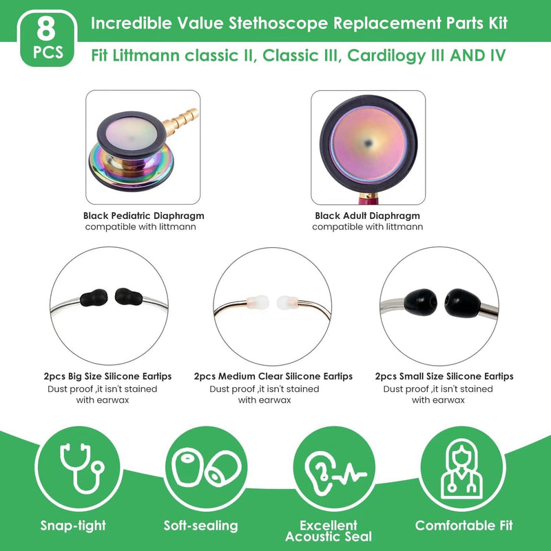 [Australia - AusPower] - 8Pcs 3 Sizes(S/M/L) Littmann Stethoscope Replacement Ear Tips Pieces Diaphragm, Littmann Stethoscope Accessories Repair Kit Ear Bud Plug Cover Large Medium Small Stethoscope Diaphragm Drum Spare Parts 