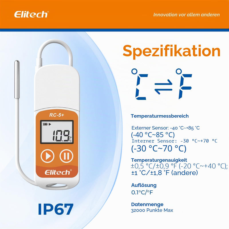 Elitech RC-5+ TE Temperature Data Logger Reusable Recorder 32000 Points PDF & CSV USB High Accuracy with Calibration Certificate Temperature Logger External Probe 1