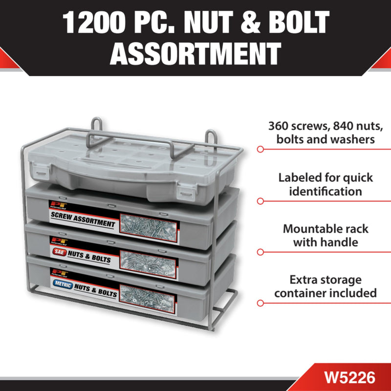 Performance Tool W5226 SEA/Metric Nut and Bolt Assortment with Case, 1,200 pieces W5226 1200pc Nut & Bolt Assortment