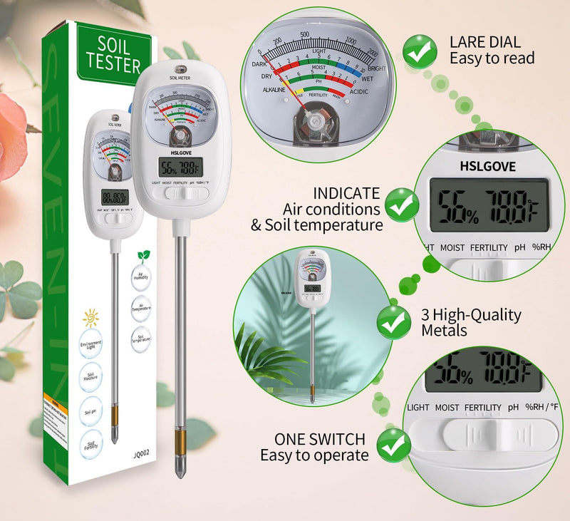 [Australia - AusPower] - HSLGOVE Soil Test Kit, 7-in-One Soil Moisture Meter/Soil PH Meter/Fertility, Dual Screen Soil Tester w/Digital Soil Temp/Air Temp&Humidity for Plants Gardening,Lawn,Farm Indoor&Outdoor-Lvory White LvoryWhite 