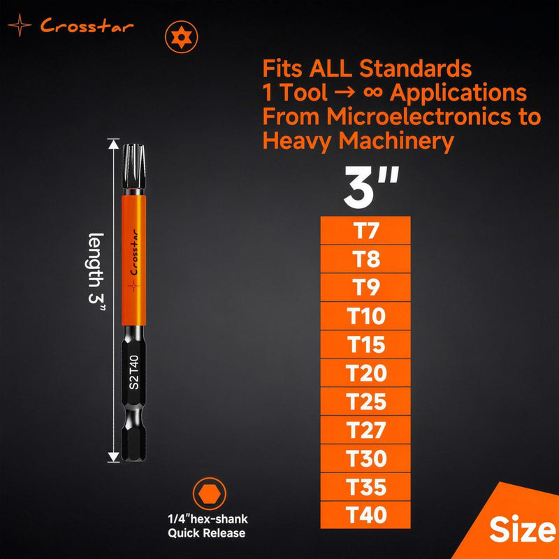 Crosstar 3" and 6" Impact Long Torx Bit Set 29pc (TT7-TT40) S2 Steel Security Tamper Proof Star Bits, 1/4" Hex-Shank Magnetic Holder & Storage Box w/Magnetizer T7-T40 (3IN & 6IN)