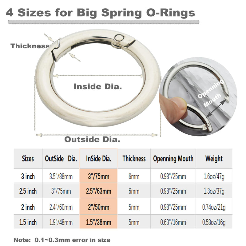 [Australia - AusPower] - 3/2.5/2/1.5 inch Big Round Carabiners Clips Metal Trigger Spring O Rings Snap Hooks DIY Charms Accessory for Keychains Bags Purses Crafts Making 2 inch(50mm)_10pcs Silver 