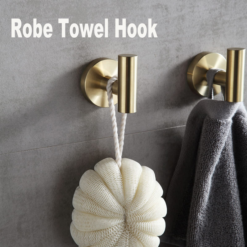 4 PCS Bathroom Hardware Set，Brushed Gold SUS304 Stainless Steel Wall Mounted Bathroom Accessories Gold Kit Include Hand Towel Ring,Brushed Gold Toilet Paper Holder,and 2 Robe Towel Hooks Brushed Gold