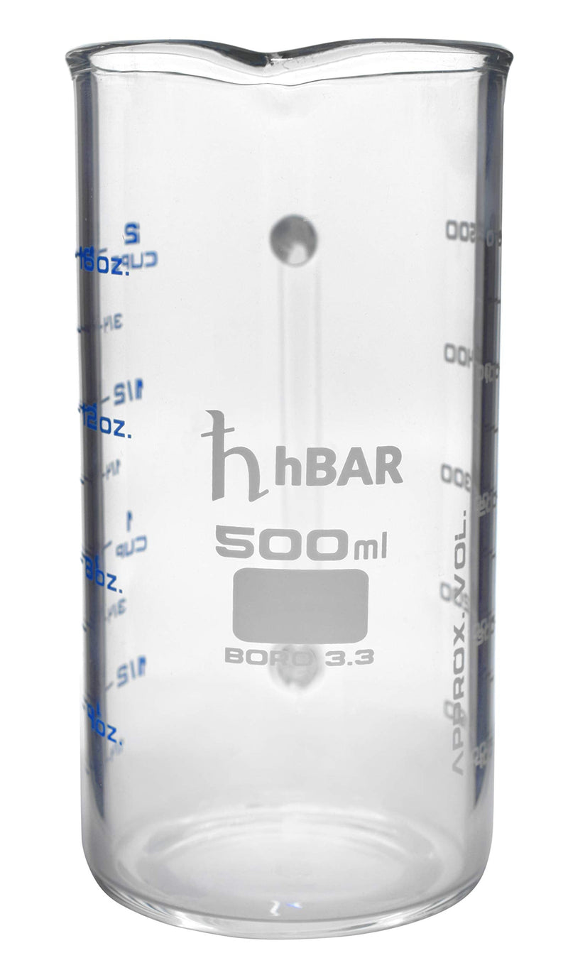 hBARSCI Industrial Beaker Mug, 500ml - Extra Heavy Duty 3.3 Borosilicate Glass - Tall Form, with Spout - Double Sided, Printed Graduations in Cups, Ounces & Milliliters