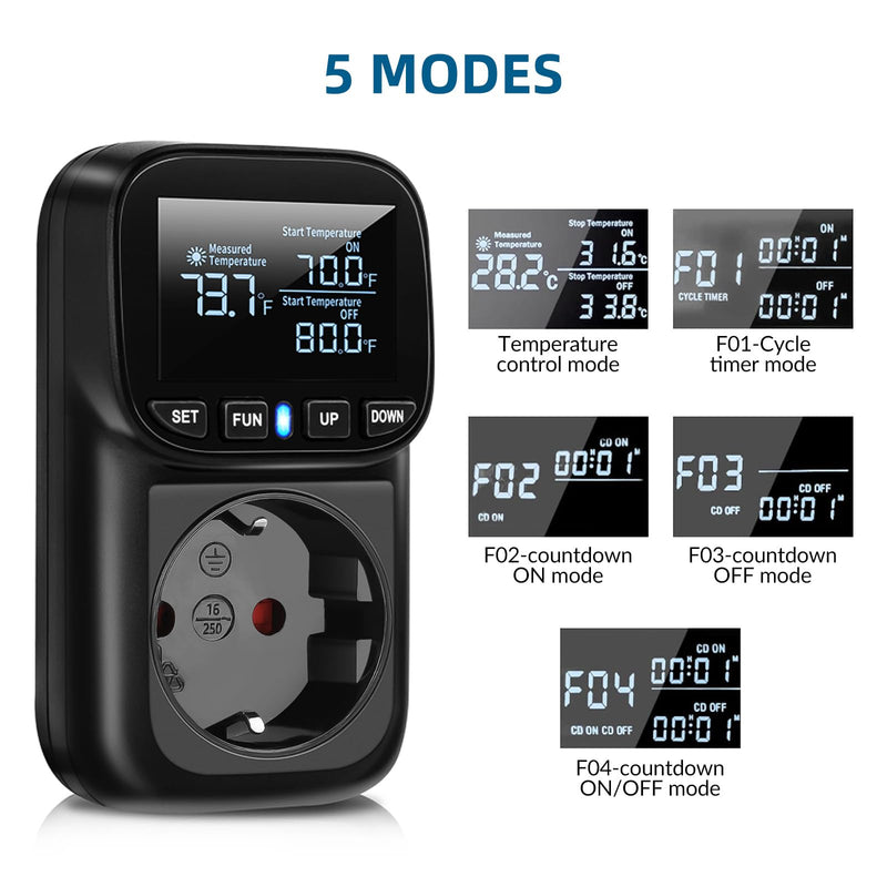 [Australia - AusPower] - Digital Temperature Controller Socket, 230 V Thermostat Socket with 2 m Sensor, Heating, Cooling Temperature Switch, Thermostat Socket, Temperature Switch for Greenhouse, Aquarium, Fridge Black 