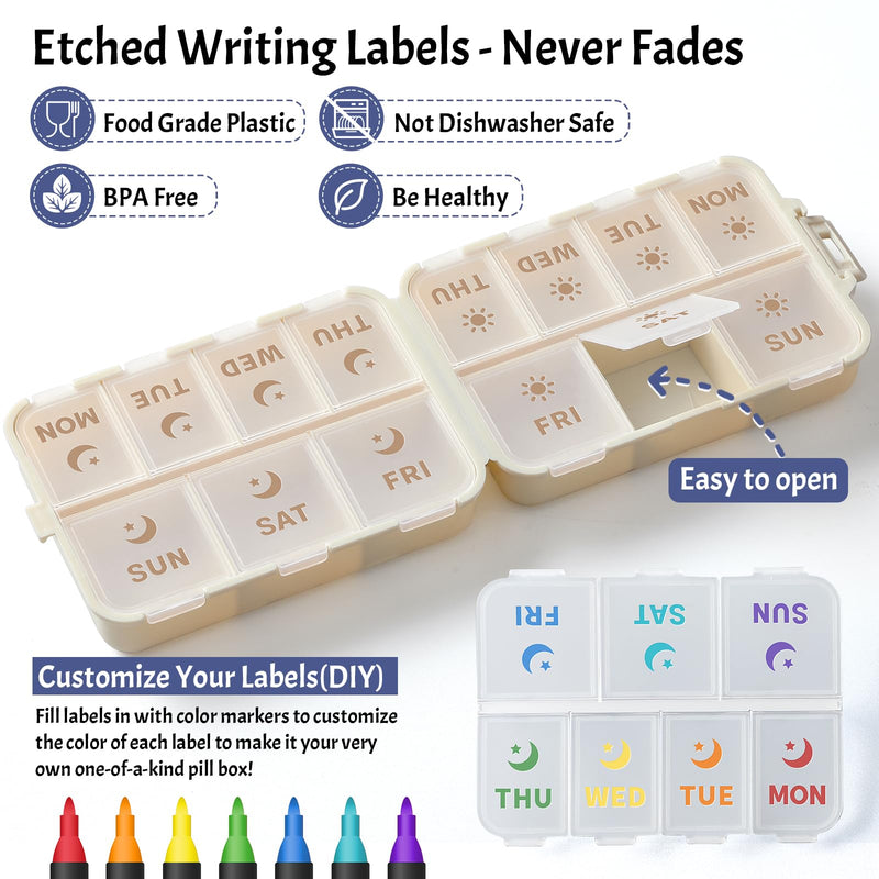 [Australia - AusPower] - NEW Foldable & Double Protection Portable Weekly Pill Organizer 2 Times A Day with Etched Labels, AM PM 7 Day Week Medicine Box, Daily Travel Pill Case Holder Dispenser for Vitamin, Supplement - Khaki 