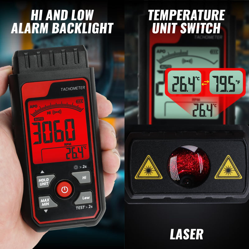 [Australia - AusPower] - Digital Tachometer Noncontact Laser Photo Sensor Rotation Speed Tach Meter, 2.5-99999 RPM Range High Accuracy with Alarm Function Backlight Analog Bar Scale Data Hold Max/Min/AVG Large LCD 