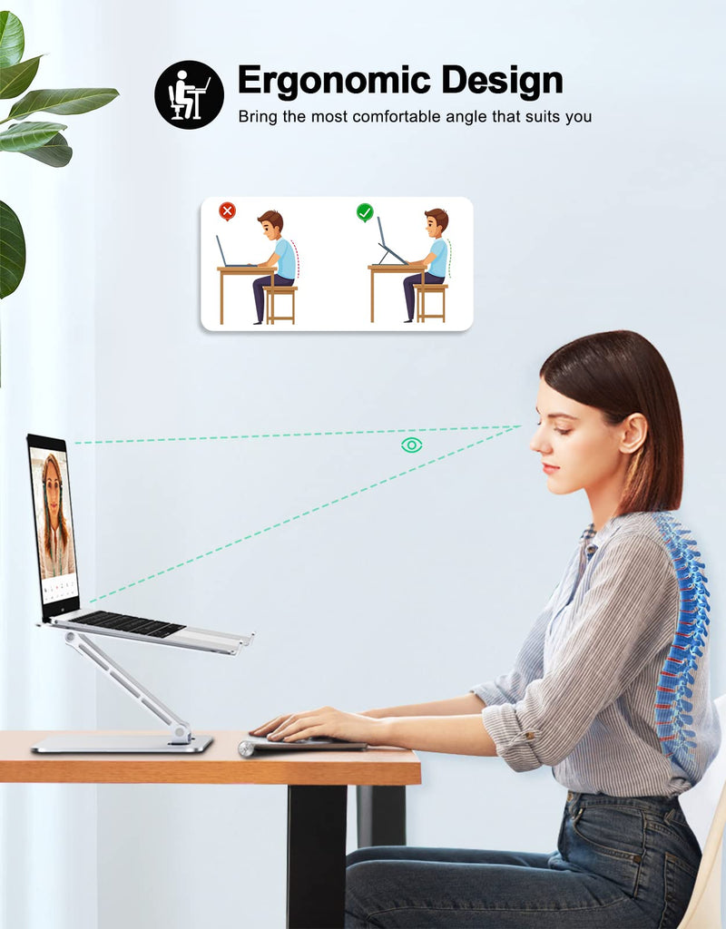 [Australia - AusPower] - Foldable Laptop Stand, Height Adjustable Ergonomic Computer Stand for Desk, Aluminum Portable Laptop Riser Holder Mount Compatible with MacBook Pro Air, All Notebooks 10-16" Silver 