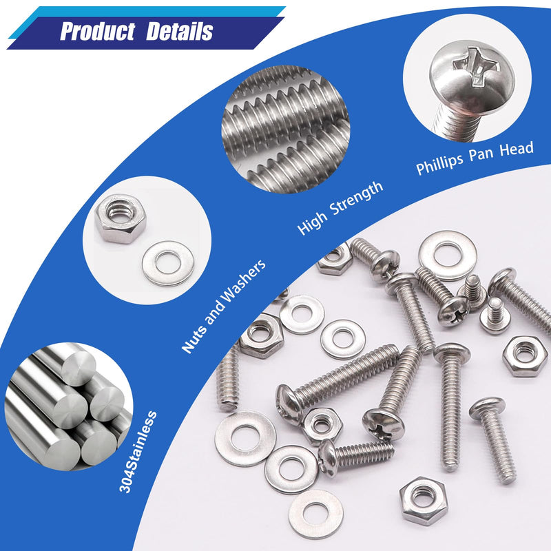 [Australia - AusPower] - Taiss Machine Screws Nuts and Bolts Assortment Kit,304 Stainless Steel Bolts and Nuts Kit,#6-32#8-32#10-24 8 Sizes Phillips Pan Head Bolt and Nut & Washers +30 Sets 1/4-20 Threaded Inserts for Wood 