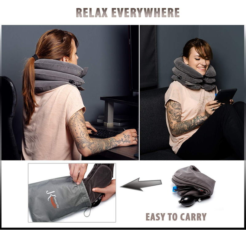 [Australia - AusPower] - Pinched Nerve Neck Stretcher Cervical Traction Device for Home Pain Treatment | Inflatable Spinal Decompression Collar Unit Muscle Strain Injury Relief | Herniated Disc Problems Remedy Kit (Gray) Gray 