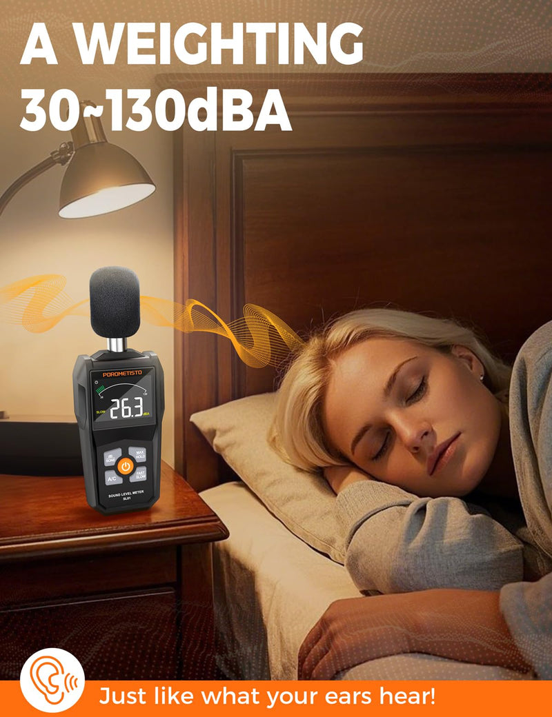 [Australia - AusPower] - POROMETISTO SL01 Decibel Meter, 30-130 dB Sound Level Meter, with A/C Weighting, Data Storage, Maximum/Minimum), Precise dB Meter for Professional, Industrial and Home Use 