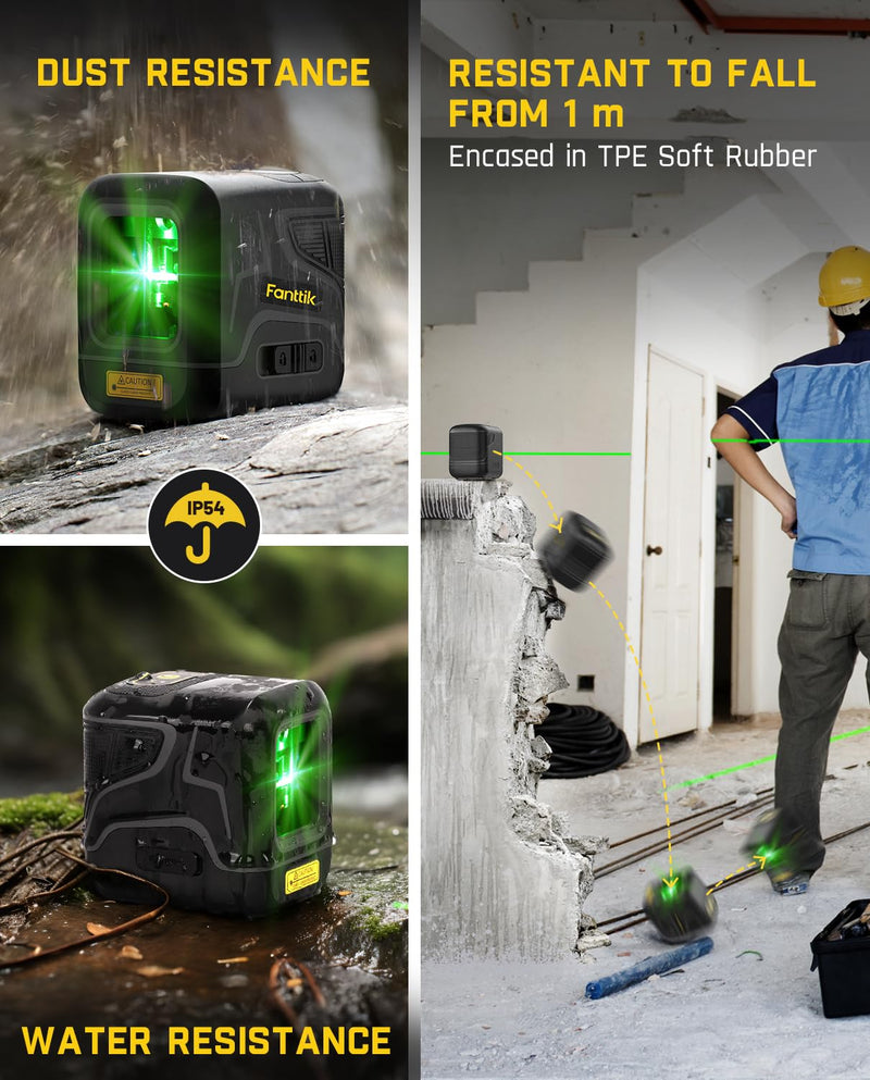 [Australia - AusPower] - Fanttik D2 Laser Level, 100 ft Self-Leveling Green Cross Line Laser, USB-C Rechargeable, Rotatable 360 Degree, Pulse Mode, Magnetic Bracket, Carrying Pouch, for Picture Hanging and Home DIY - Black 