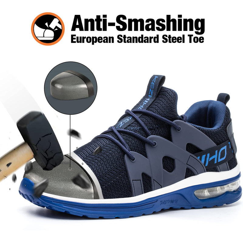 Kezhiho Steel Toe Shoes for Men Women Air Cushion Lightweight Work Shoes Comfortable Breathable Puncture Proof Slip Resistant Sneakers Indestructible Construction Industrial Safety Shoes 6.5 Women/5 Men D02303 Blue White