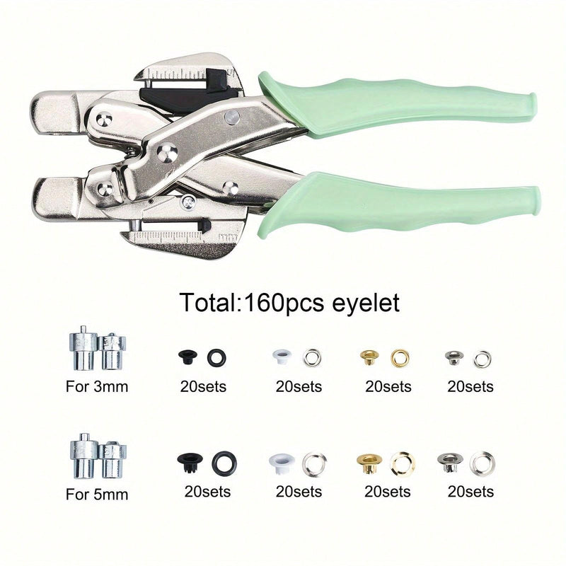 LZBRDY Professional 3mm & 5mm Eyelet Punch Pliers Kit with 160pcs Grommets with Silicone Grip for Leather, Fabric, Tarpaulin, Signs, Banners, DIY Craft Projects