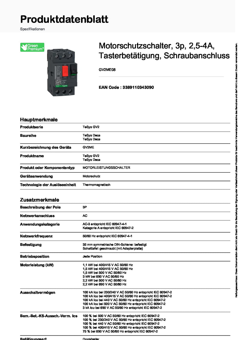 Schneider GV2ME08 Thermal-Magnetic Motor Circuit Breakers, White | 2.5-4A, button confirmation, screw connection