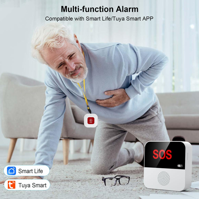 WiFi Pager, Caregiver Pagers Life Alert Systems for Seniors no Monthly Fee, 1 Receiver and 1 SOS Panic Button & 1 Watch Pager, Compatible with Tuya Smart/Smart Life APP Style 1