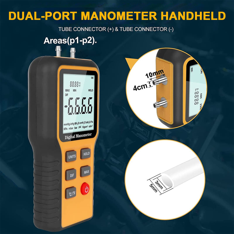 [Australia - AusPower] - Manometer, Professional Air Pressure Meter, Handheld HVAC Manometer 12 Selectable Units Differential Pressure Gauge, Dual-Port Manometer Gas Pressure Tester with Backlight (Included Battery) QX1201?12 Selectable Units? 