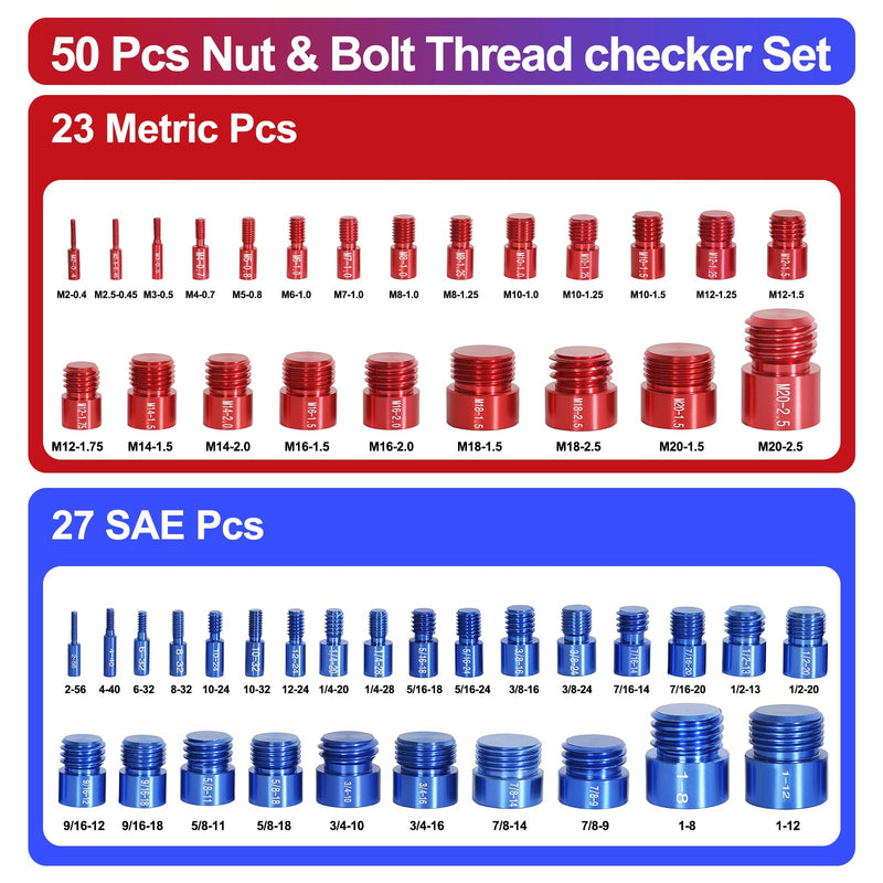 [Australia - AusPower] - 50Pcs Thread Checker, Bolt Size Finder Nut and Bolt Thread Checker, 23 Metric & 27 SAE Box Set Thread Gauge Size Checker in Narrow Area 