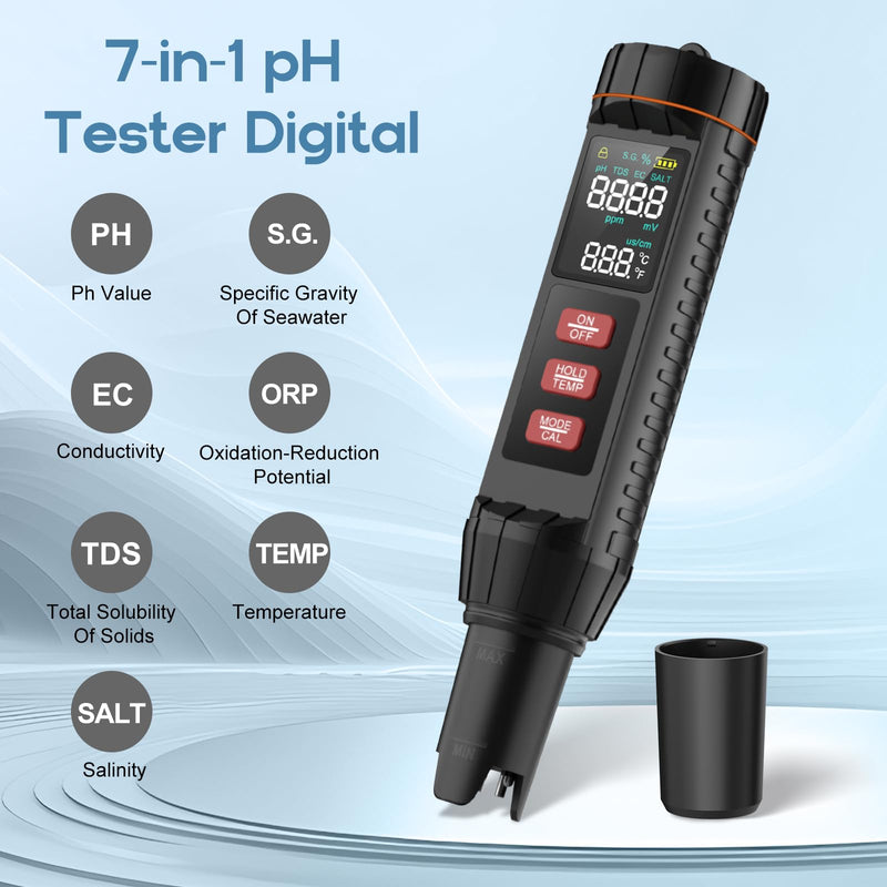 [Australia - AusPower] - Digital 7-in-1 Water Tester, High Precision 0.01 pH & Salinity Meter, for Pool Salt, Aquarium, Hydroponics, Drinking Water TDS EC ORP S.G Temp Tester with Titanium Alloy Electrode 