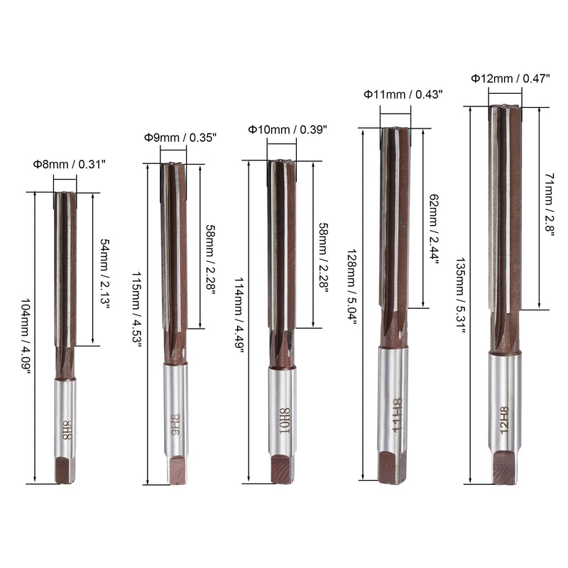 sourcing map Reamer Set 10 Pieces 3/4/5/6/7/8/9/10/11/12 mm, Accuracy H8 | Carbon 6 Groove Cylinder Shank Hand Reamer