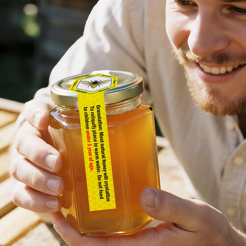 SMARSTICKER Tamper Proof Pure Honey Stickers 1.5 x 4 Inches Tamper Evident Seals Labels Honey Label Stickers for Honey Jars Bottle Lid Labels Tamper Proof Honey Labels Pure Honey Labels (Honey Bee) Honey Bee